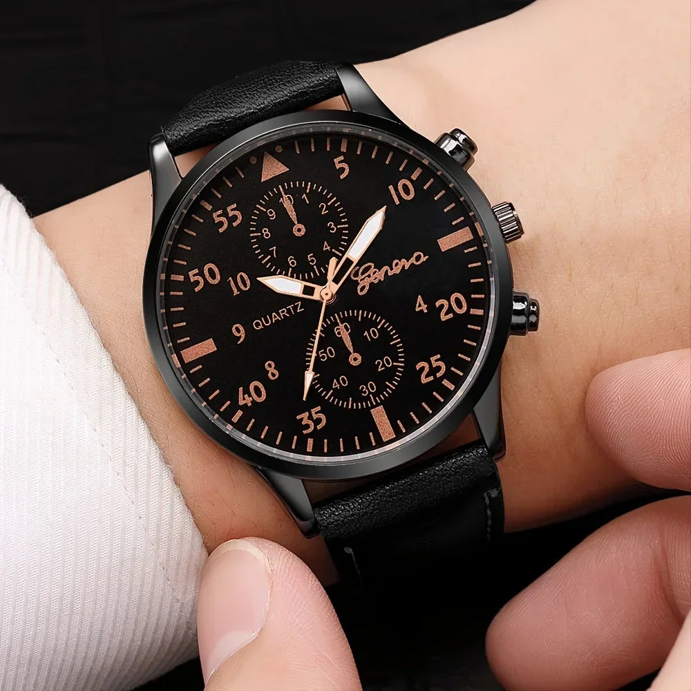 4/1Pcs Men Watches Set Luxury Fashion Design Leather Watch Quartz Men Watch Clock Gift Montre Homme Relogio Masculino（No Box）