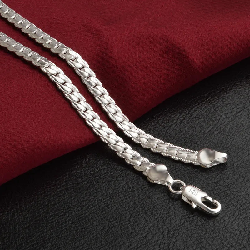 925 Sterling Silver Christmas Gifts European Style Retro 6MM Flat Chain Necklace Fashion for Man Women Jewelry