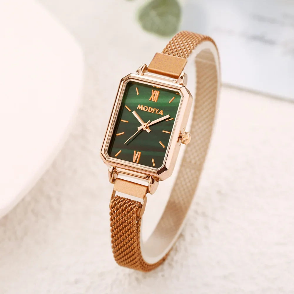 Women Watches Fashion Square Ladies Quartz Watch Magnetic Strap Green Dial Simple Rose Gold Mesh Luxury Women Watches