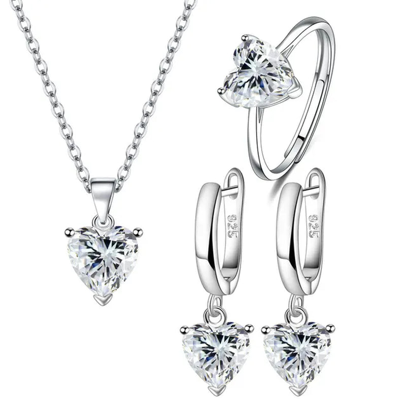 925 Sterling Silver Jewelry Sets for Women Heart Zircon Ring Earrings Necklace Wedding Bridal Elegant Christmas Free Shipping