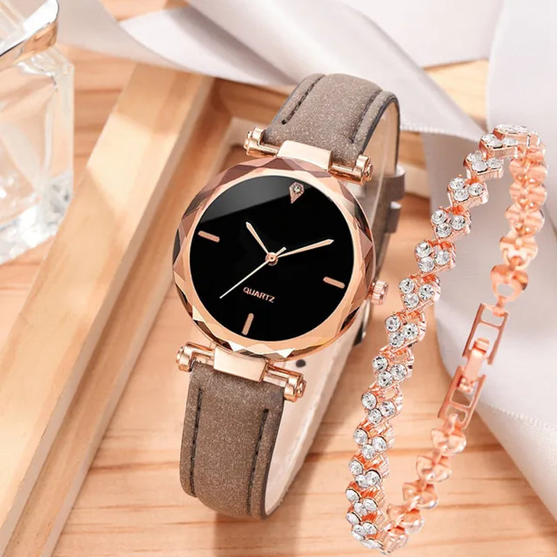 2Pcs Luxury Fashion Women Watch Set PU Leather Strap Ladies Quartz Wristwatch Rhinestone Rosegold Alloy Bracelet for Ladies Gift