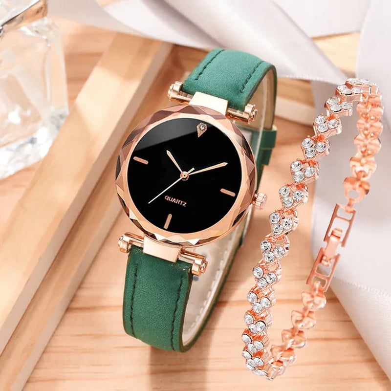 2Pcs Luxury Fashion Women Watch Set PU Leather Strap Ladies Quartz Wristwatch Rhinestone Rosegold Alloy Bracelet for Ladies Gift