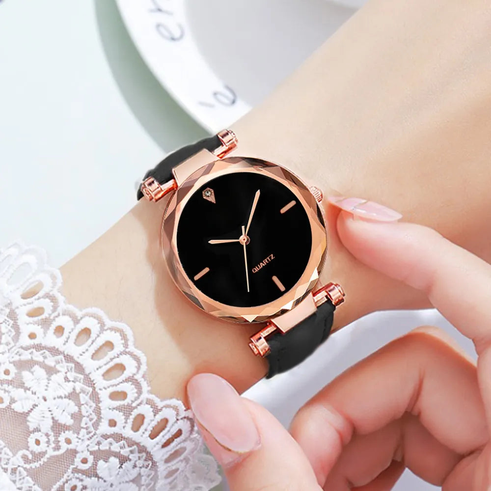 2Pcs Luxury Fashion Women Watch Set PU Leather Strap Ladies Quartz Wristwatch Rhinestone Rosegold Alloy Bracelet for Ladies Gift