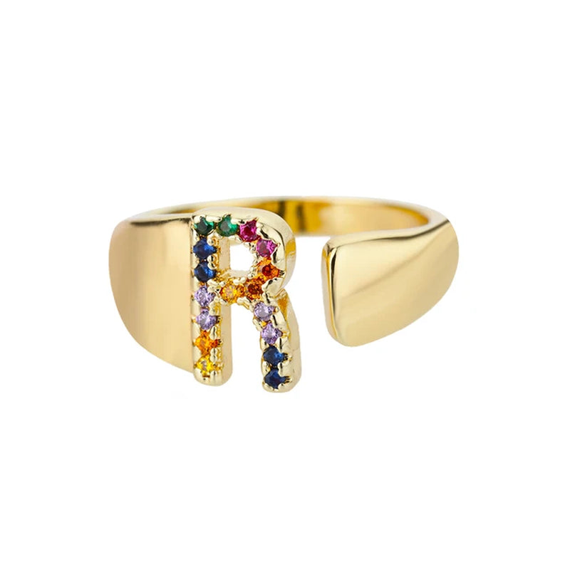 Rainbow Zircon Letter Rings for Women Fashion Chunky Wide Letter A-Z Stainless Steel Ring Wedding Boho Jewelry Free Shipping