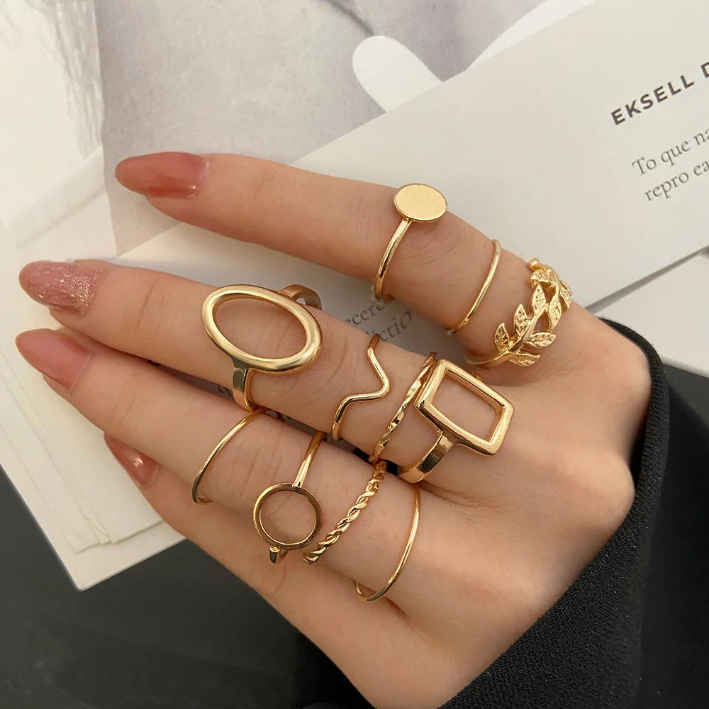 New Fashion Creative Geometric Leaf Wave Hollow Ring Set 11 Pcs for Women Men Simple Knuckle Ring Charm Wedding Party Jewelry
