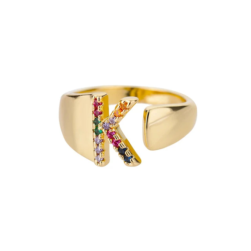 Rainbow Zircon Letter Rings for Women Fashion Chunky Wide Letter A-Z Stainless Steel Ring Wedding Boho Jewelry Free Shipping