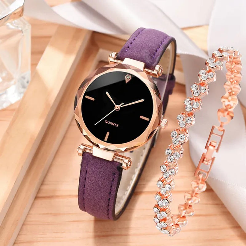 2Pcs Luxury Fashion Women Watch Set PU Leather Strap Ladies Quartz Wristwatch Rhinestone Rosegold Alloy Bracelet for Ladies Gift