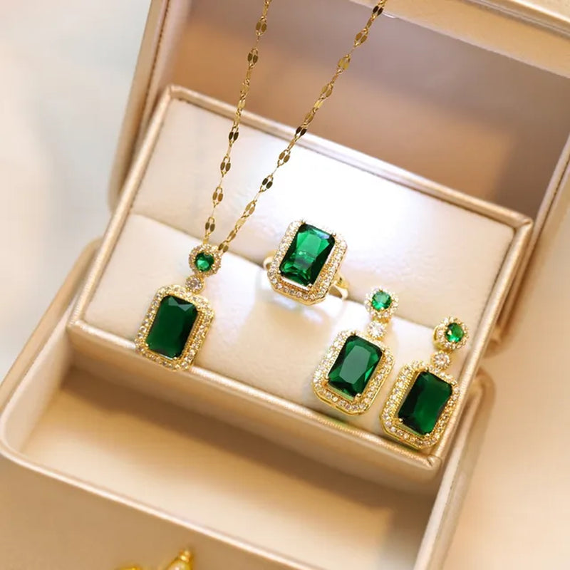 Luxury Emerald Jewelry Sets Fashion Women Bridal Zircon Green Stone Earrings Ring Sets Rings for Women Jewelry