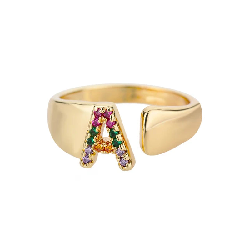 Rainbow Zircon Letter Rings for Women Fashion Chunky Wide Letter A-Z Stainless Steel Ring Wedding Boho Jewelry Free Shipping