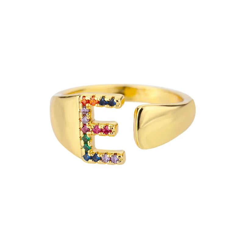 Rainbow Zircon Letter Rings for Women Fashion Chunky Wide Letter A-Z Stainless Steel Ring Wedding Boho Jewelry Free Shipping