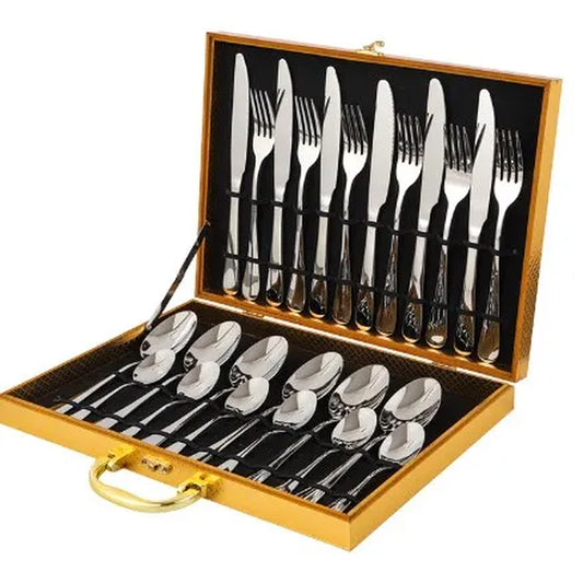 24 Piece Stainless Steel Western Tableware Household Knife, Fork, Spoon, Tea Spoon 4 Piece Wooden Box Craft Gift Box Set