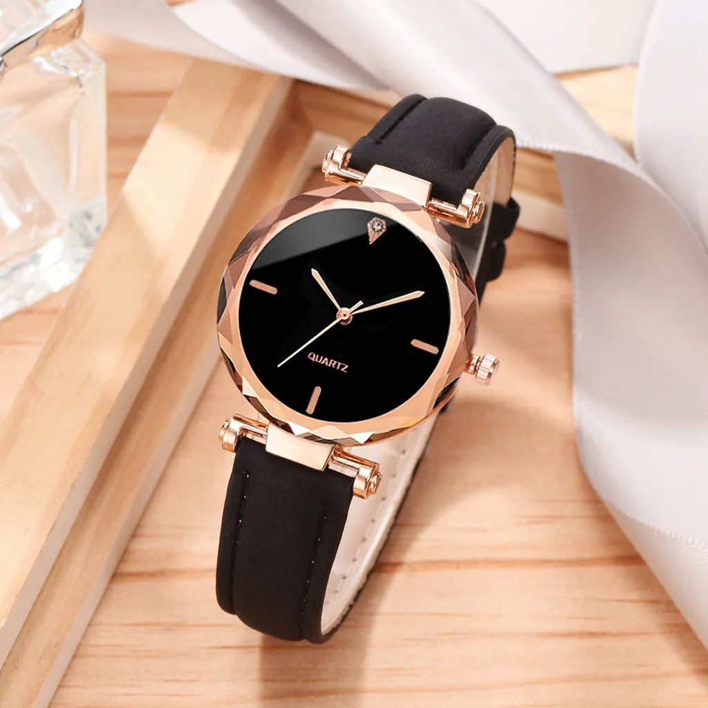 2Pcs Luxury Fashion Women Watch Set PU Leather Strap Ladies Quartz Wristwatch Rhinestone Rosegold Alloy Bracelet for Ladies Gift