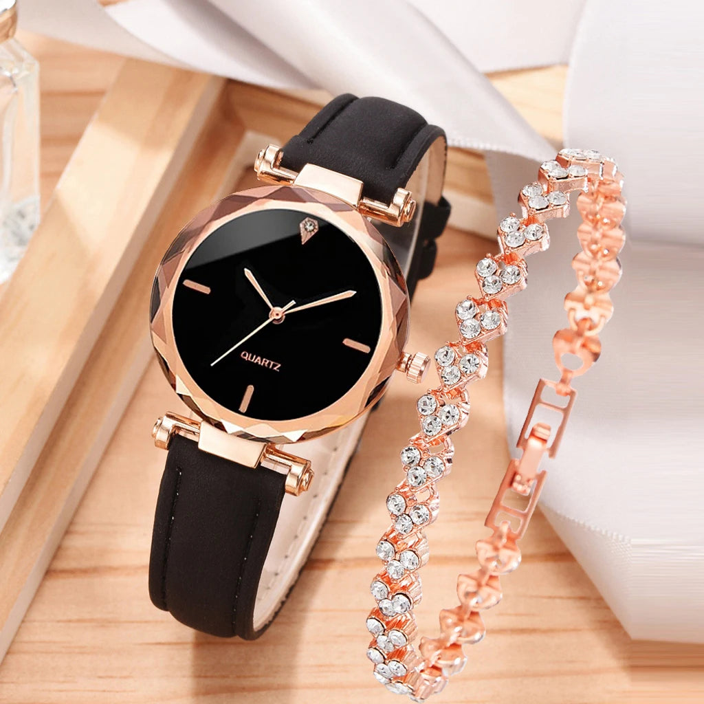 2Pcs Luxury Fashion Women Watch Set PU Leather Strap Ladies Quartz Wristwatch Rhinestone Rosegold Alloy Bracelet for Ladies Gift