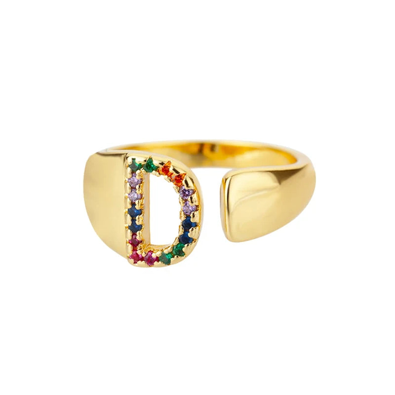 Rainbow Zircon Letter Rings for Women Fashion Chunky Wide Letter A-Z Stainless Steel Ring Wedding Boho Jewelry Free Shipping