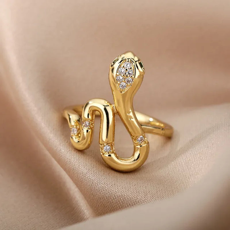 Stainless Steel Snake Rings for Women Men Gold Plated Open Adjustable Zircon Ring Vintage Gothic Aesthetic Jewelry Anillos Mujer