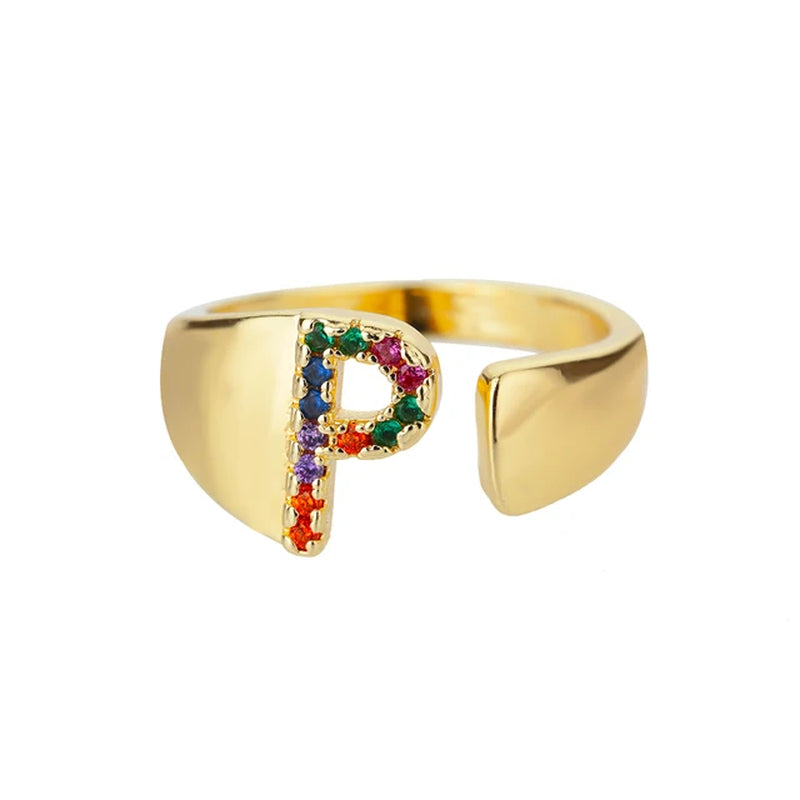 Rainbow Zircon Letter Rings for Women Fashion Chunky Wide Letter A-Z Stainless Steel Ring Wedding Boho Jewelry Free Shipping