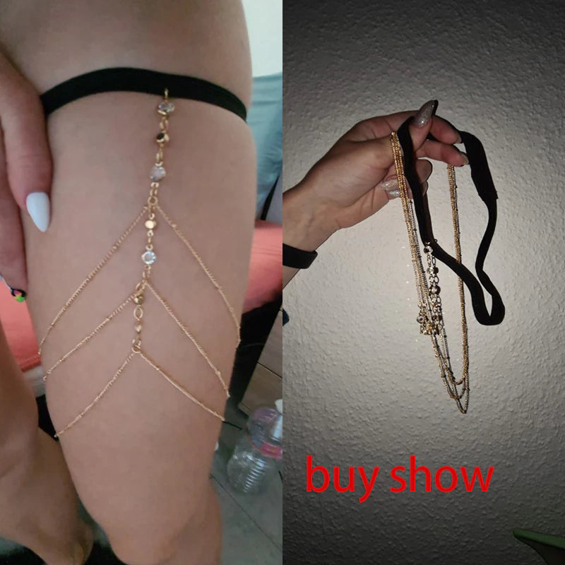 Sexy Multilayer Tassel Imitation Pearl Clip Bead Leg Chain Women Simple Adjustable Elastic Thigh Chain Body Jewelry